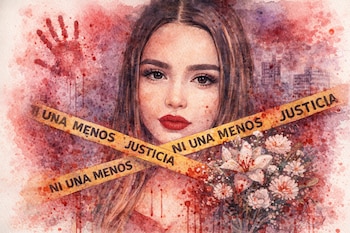 Rostro de mujer, huella de mano roja, flores blancas con gotas rojas, edificios, cintas amarillas con "NI UNA MENOS" y "JUSTICIA" en acuarela.