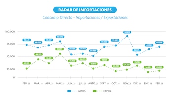 Gráfico de líneas que muestra importaciones (azul) y exportaciones (verde) de consumo directo de febrero de 2025 a febrero de 2026