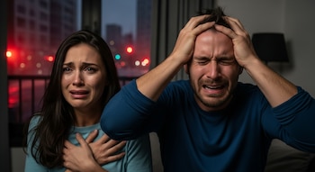 Dos personas, una mujer y un hombre, en un apartamento. La mujer llora con las manos en el pecho y el hombre se agarra la cabeza. Al fondo, luces de la ciudad.