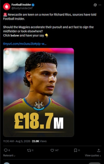 Benfica solo negociará la salida de Richard Ríos si recibe una oferta superior a 40 millones de euros-crédito @footyinsider247/X