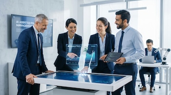 Tres empresarios analizan gráficos de IA en una mesa interactiva y una pantalla. Un colega usa un portátil junto a un brazo robótico.