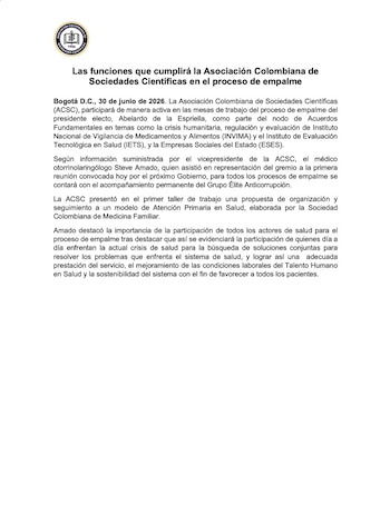 Comunicado de la Asociación Colombiana de Sociedades Científicas sobre su participación en el proceso de empalme. - crédito @asocientificas/X