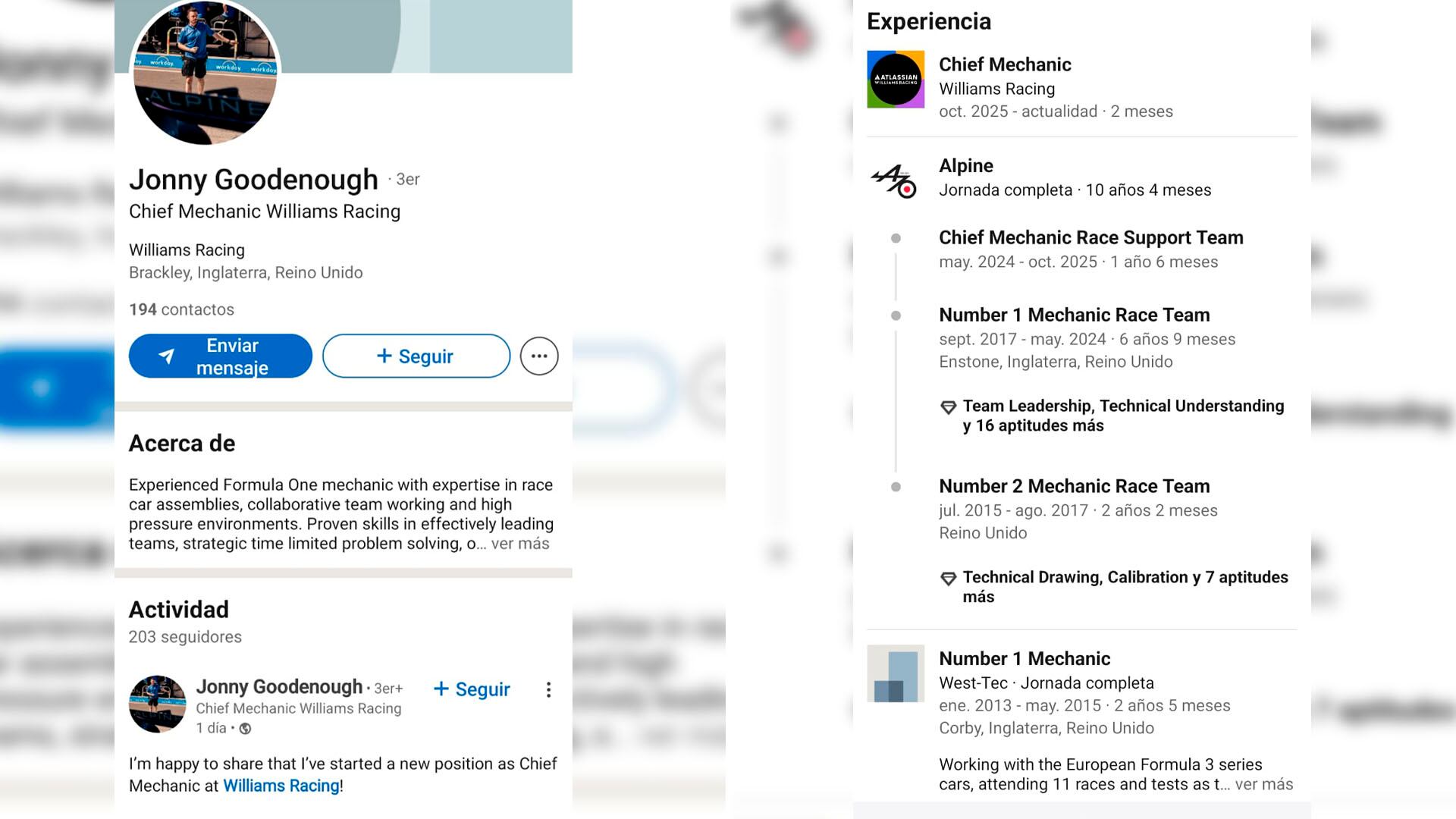 La actualización de Goodenough en su perfil de Linkedin donde informa su ingreso a Williams
