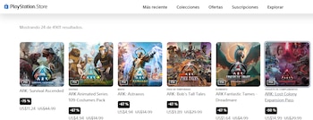 Captura de la tienda PlayStation Store con seis portadas del juego ARK que exhiben porcentajes de descuento y precios