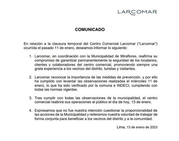 Comunicado de Larcomar