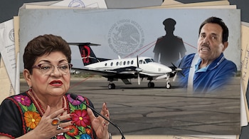 Retrato de Ernestina Godoy, retrato de Ismael Zambada, avión bimotor, silueta de piloto, documentos, micrófono, escudo de México, líneas rojas.