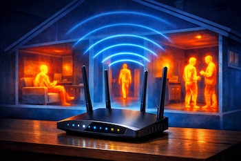 Un router WiFi negro con antenas y luces azules se encuentra en una mesa de madera frente a una casa en sección que revela siluetas de personas naranjas y ondas azules.