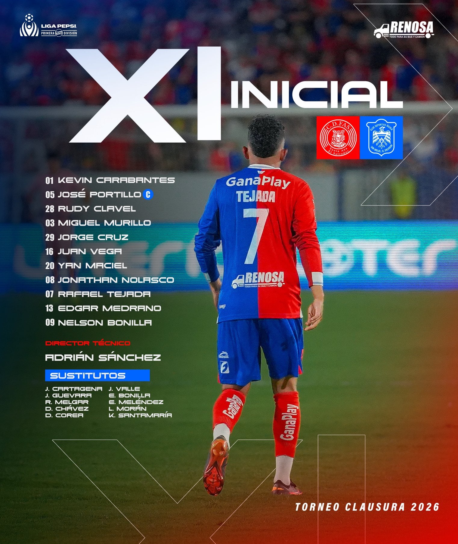 Once de gala del DT mexicano Adrián Sánchez para la gran final del fútbol salvadoreño. (Cortesía: FAS)