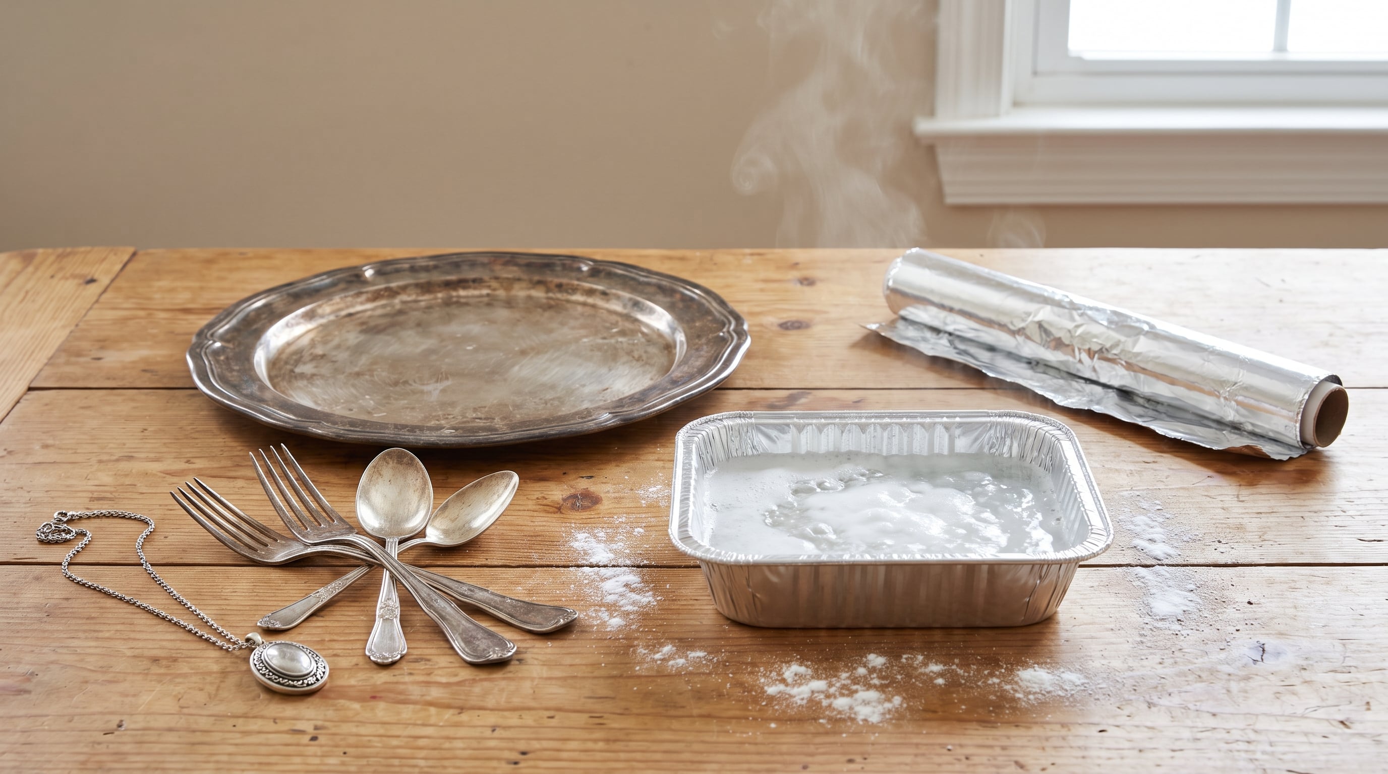 Un proceso de limpieza de objetos de plata con bicarbonato y papel aluminio se desarrolla sobre una mesa de madera. (Imagen Ilustrativa Infobae)