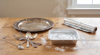 Plato de plata, cubiertos y collar de plata. Charola con agua burbujeante y bicarbonato. Rollo de papel aluminio sobre una mesa de madera. Vapor visible.