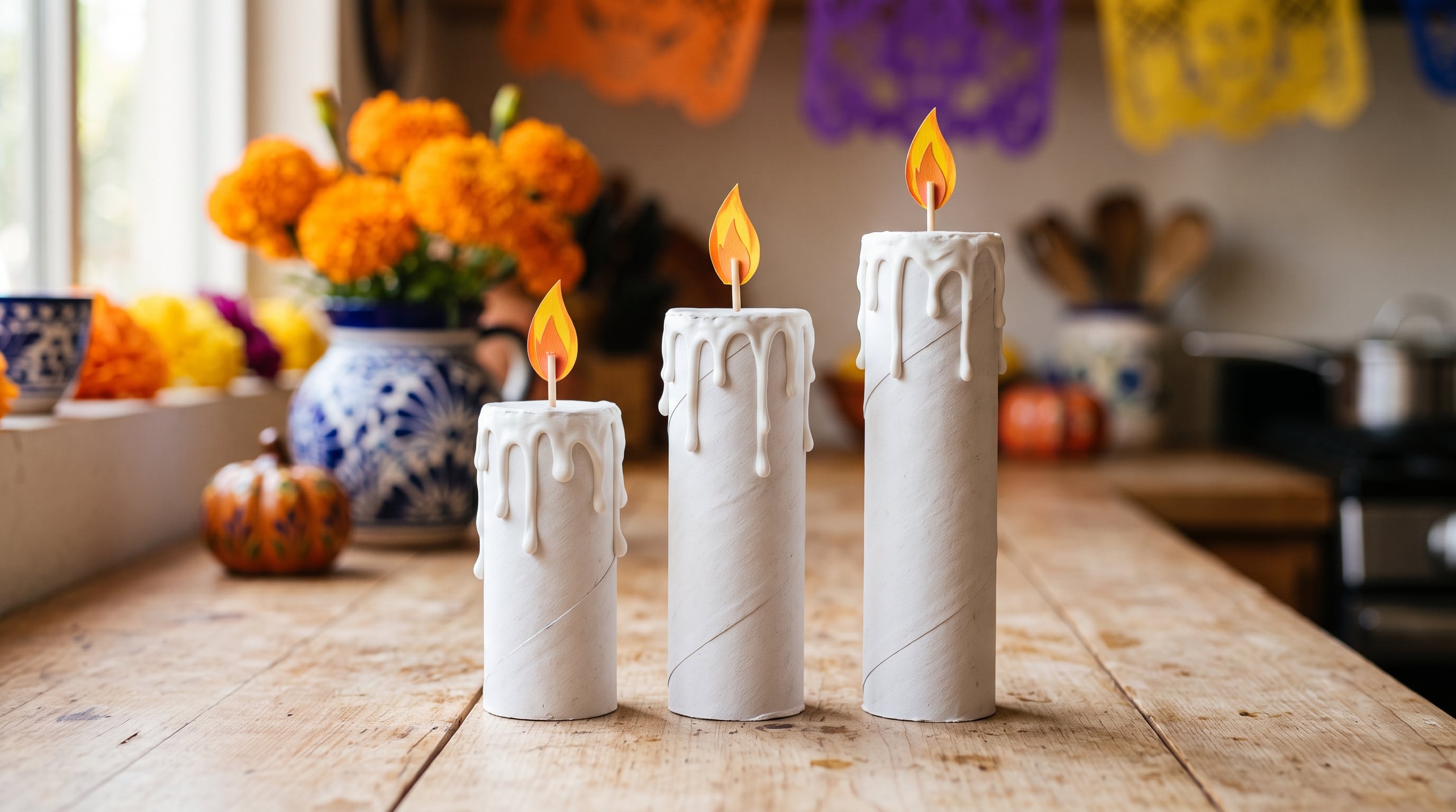 Las velas falsas de cartón reciclado no requieren fuego real ni ningún tipo de luz led para decorar el altar de Día de Muertos. (Imagen Ilustrativa Infobae)
