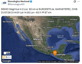 Sismo de magnitud 4.2 en Mapastepec, Chiapas este 21 de Julio. (X/ @SismologicoMX)