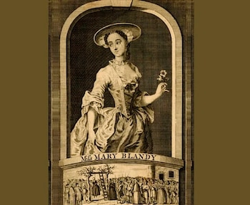 Grabado en tono sepia que muestra el retrato de Mary Blandy en un arco sobre una escena de ejecución con una multitud y una horca
