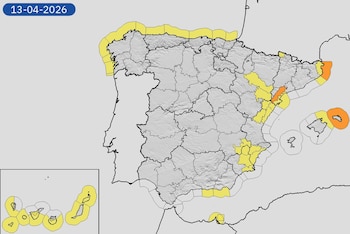 Mapa de alertas meteorológicas por viento, mala mar, tormentas, lluvias y nevadas para este lunes, 13 de abril de 2026. (Aemet)