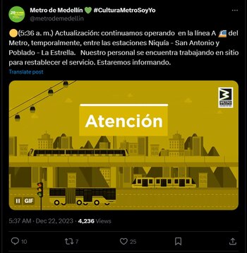Metro de Medellín informa que