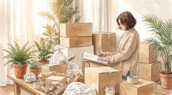Una mujer escribe en un cuaderno rodeada de cajas de cartón, papel de embalaje, cinta adhesiva y plantas en macetas.