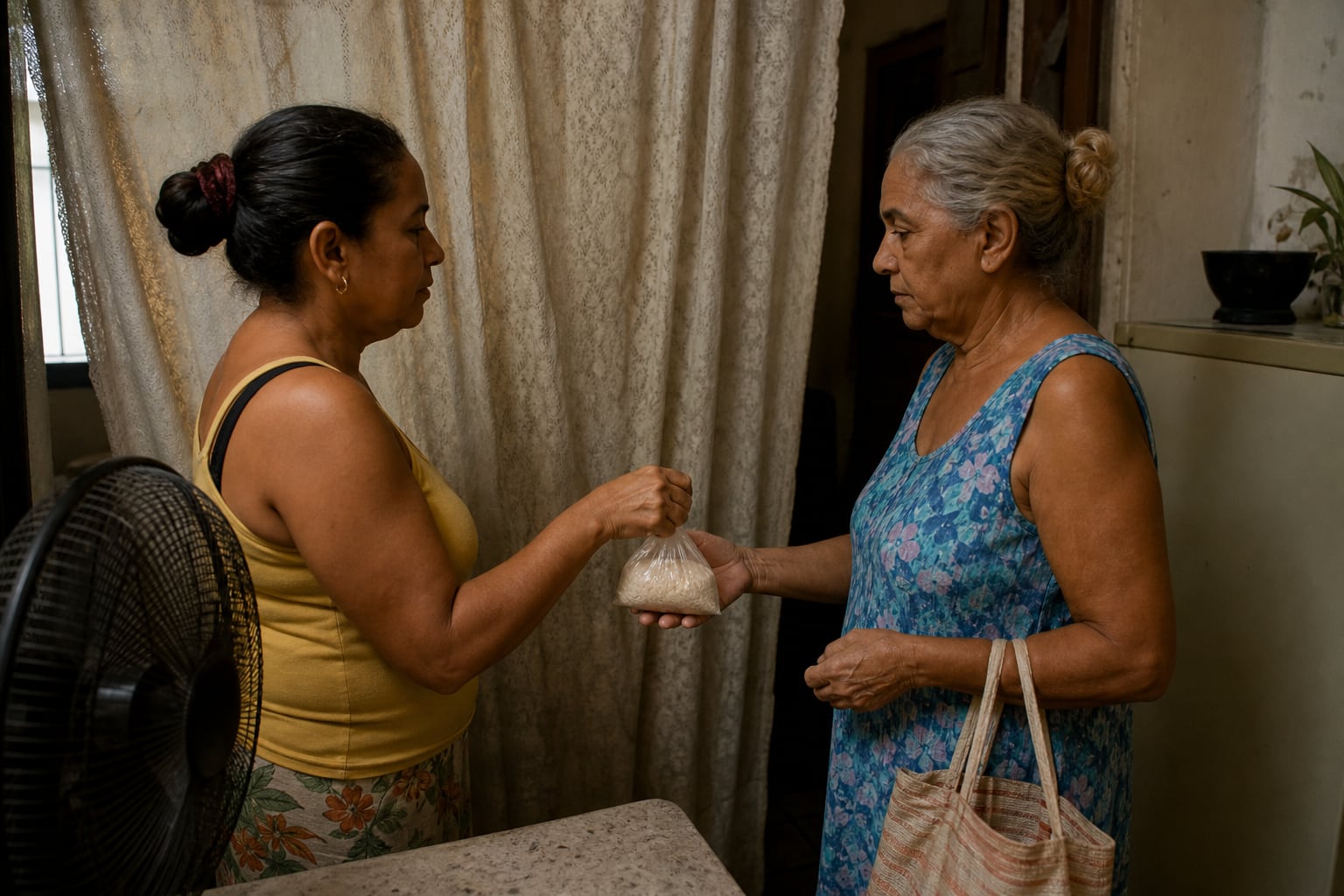 Una mujer entrega una bolsa de arroz a otra dentro de una vivienda en Cuba durante una transacción informal de productos básicos. (Imagen Ilustrativa Infobae)