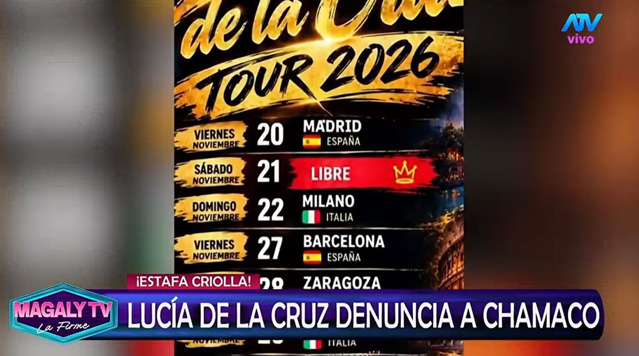 Un cartel publicitario de una gira europea ilustra la denuncia de la cantante Lucía de la Cruz contra Luisito Caycho por una presunta estafa.