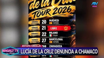 Cartel informativo de una gira en Europa sobre un cintillo televisivo con el texto Lucía de la Cruz denuncia a Chamaco