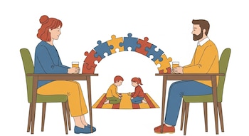 Ilustración plana de dos adultos sentados en mesas opuestas con un puente de rompecabezas multicolor entre ellos, y dos niños jugando en una alfombra debajo.