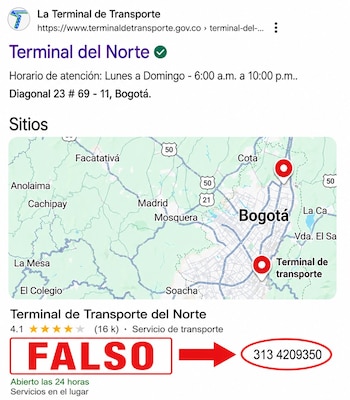 Este es el número falso que aparece en motores de búsqueda como Google - crédito Secretaría de Seguridad de Bogotá