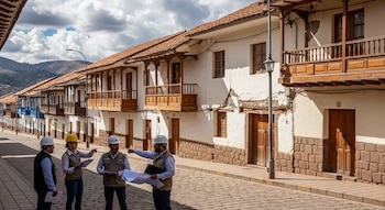 Cuatro personas con cascos de seguridad (blancos y amarillo) observan planos en una calle empedrada. Detrás hay edificios antiguos de balcones de madera.