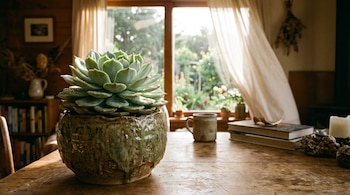 Maceta de cerámica con una suculenta verde en primer plano sobre una mesa de madera. Al fondo, una ventana grande con cortinas y jardín exterior, iluminada por el sol.