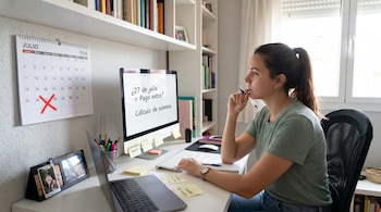 Joven sentada en su escritorio, mirando una pantalla que muestra una pregunta sobre un pago extra y un calendario de Julio de 2026 con una X en el día 27.