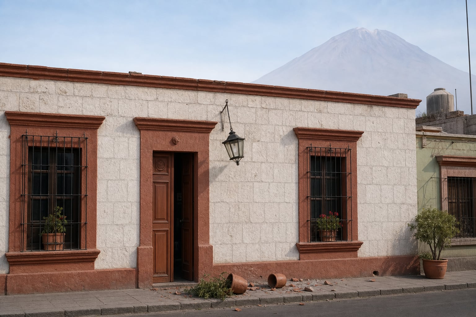 Una vivienda de sillar en Arequipa presenta macetas rotas en la acera y una lámpara inclinada tras registrarse un sismo leve con el volcán Misti al fondo. (Imagen Ilustrativa Infobae)