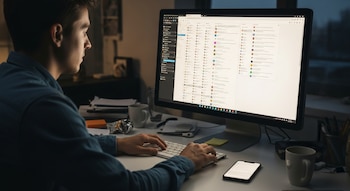 Vista lateral de un joven frente a un monitor de computadora con múltiples pestañas y aplicaciones abiertas, con un teléfono móvil al lado en un escritorio.