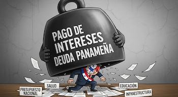 Ilustración de una persona con la bandera de Panamá en la cara, aplastada por una campana que dice "PAGO DE INTERESES DEUDA PANAMEÑA", rodeada de papeles.