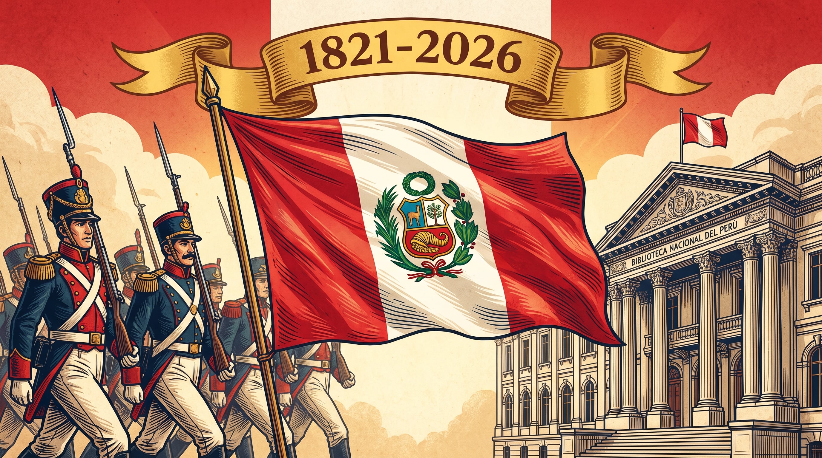 Una ilustración conmemora los 205 años de la independencia de Perú con su bandera, soldados del siglo diecinueve y la Biblioteca Nacional del Perú. (Imagen Ilustrativa Infobae)
