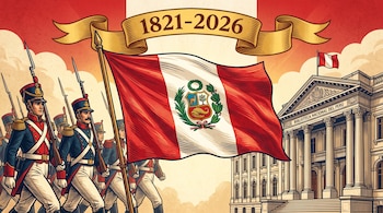 Bandera de Perú con escudo al centro, soldados uniformados a la izquierda, edificio de la Biblioteca Nacional del Perú a la derecha y cinta con fechas 1821-2026.