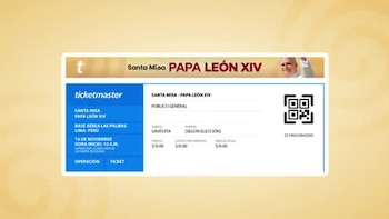 Boleto digital azul y blanco con un código bidimensional, un retrato, logotipos y datos impresos de una misa en la Base Aérea Las Palmas