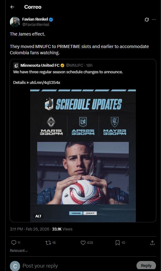 El periodista norteamericano confirmó que los partidos de James Rodríguez se reacomodaron a los horarios de Colombia, para los fans del capitán de la selección Colombia - crédito @FavianRenkel / X
