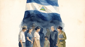 Ilustración acuarela de grupo de personas (hombres, mujeres, niño, sacerdote, mujer con fólder) y la bandera de Nicaragua con su escudo nacional.