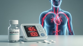 Frasco de aspirina, tabletas, tensiómetro digital con cifras de presión arterial en rojo, silueta del torso humano con sistema cardiovascular.
