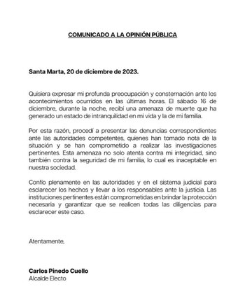 Comunicado del alcalde electo de