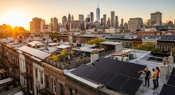 Vista aérea do telhado de Nova Iorque com painéis solares e muitas pessoas. O horizonte de Manhattan surge ao fundo ao anoitecer.