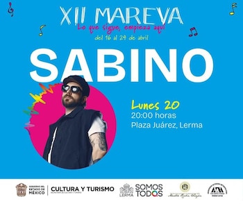 Póster azul claro del XII Festival Mareva con la imagen del músico Sabino con gafas de sol y gorra sobre un círculo rosa y ondas de sonido
