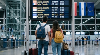 De espaldas, una pareja joven con mochilas y maletas mira un panel de vuelos internacionales en un aeropuerto, mostrando destinos como Madrid y París.