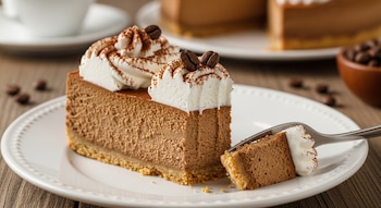 Primer plano de una porción de cheesecake de café cremoso con crema batida y granos de café, siendo cortada con un tenedor en un plato blanco.