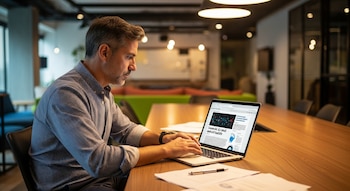 Hombre argentino de 55 años con camisa de puntos azules, sentado de perfil en una mesa de madera oscura, tecleando en un portátil en una sala de reuniones luminosa.