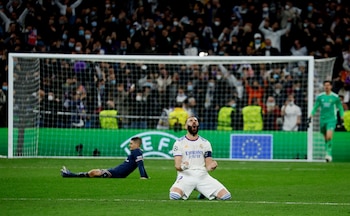 Soccer Football - Champions League - Round of 16 Second Leg - Real Madrid v Paris St Germain - Santiago Bernabeu, Madrid, Spain - March 9, 2022 Real Madrid's Karim Benzema celebrates after the match REUTERS/Susana Vera