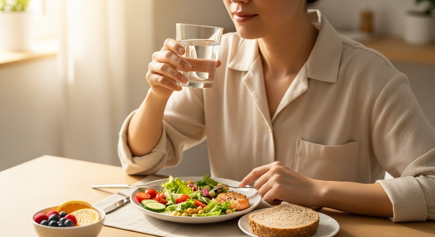 Una persona se hidrata con agua mientras disfruta de una comida consciente y equilibrada en un entorno luminoso (Imagen Ilustrativa Infobae)