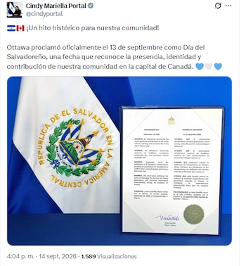 La Embajadora de El Salvador en Canadá informó en sus redes sociales sobre la proclamación que fue firmada por el alcalde de Ottawa, Mark Sutcliffe. /(Redes de Cindy Portal)