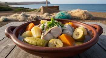 Tazón de barro con sopa de pescado, trozos de pescado, patatas, mandioca, batata dulce, calabaza y plátano verde. Mesa de madera, redes de pesca y mar de fondo.