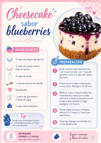 Un cheesecake de blueberries preparado con yogurt griego y queso crema bajo en grasa ofrece una alternativa cremosa, ligera y fácil de hacer en casa, ideal para disfrutar como postre en cualquier ocasión