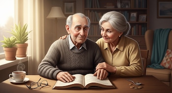 Ilustración digital de pareja mayor sentada en mesa con libro abierto. La mujer toma la mano del hombre. Se ven gafas, una taza de café y plantas junto a la ventana.