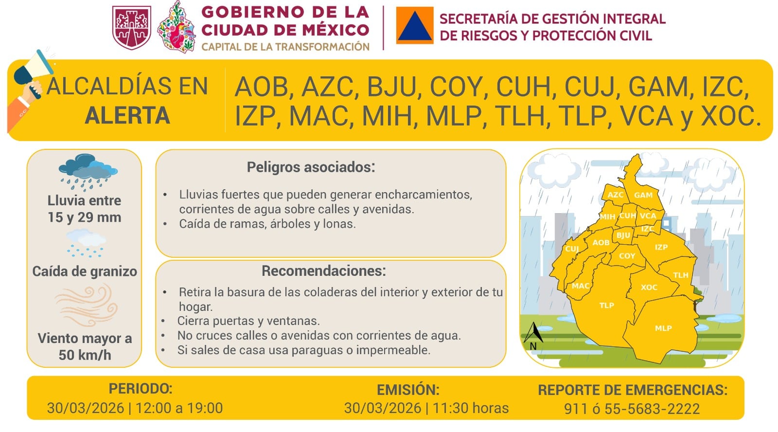 Lluvias con granizo y rachas de vientos para la tarde y noche de este lunes 30 de marzo. Foto: X/@SGIRPC_CDMX.